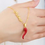 Personalised Italian Cornicello Lucky Horn Charm Chili Pepper Necklace with Name Dainty Jewellery Anniversary Birthday Gift for Women Italian
