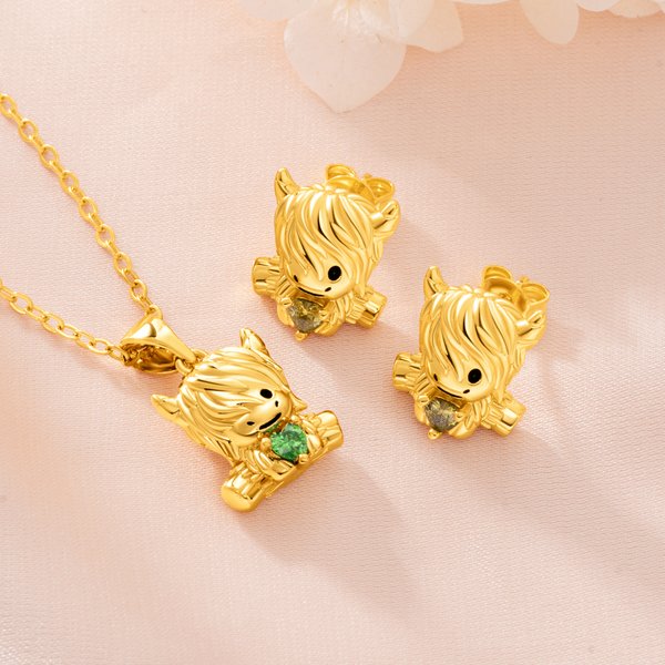 Personalized Highland Cow Love Birthstone Necklace Earrings Dainty Jewelry Daily Wear Birthday Gift for Women Highland Cow Lovers