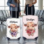 Personalized Cute Highland Cow Birth Flower Luggage Protective Cover Fits 18-32 Inches Suitcase with Name Travel Accessories Birthday Gift for Women