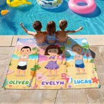 Personalized Cartoon Beach Kid Character Oversized Quick Dry Beach Towel with Name Birthday Summer Vacation Birthday Pool Party Gift for Boys Girls
