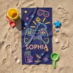 Personalised Bold Neon Gaming Graphic Quick Dry Oversized Beach Towel with Name Summer Vacation Beach Party Birthday Gift Gamers Kids