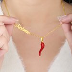 Personalised Italian Cornicello Lucky Horn Charm Chili Pepper Necklace with Name Dainty Jewellery Anniversary Birthday Gift for Women Italian
