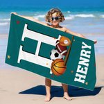 Personalized Sports Balls Initial Star Quick Dry Oversized Beach Towel with Name Beach Party Summer Vacation Gift for Sports Lovers Kids