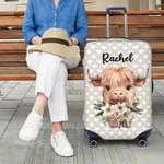 Personalized Cute Highland Cow Birth Flower Luggage Protective Cover Fits 18-32 Inches Suitcase with Name Travel Accessories Birthday Gift for Women