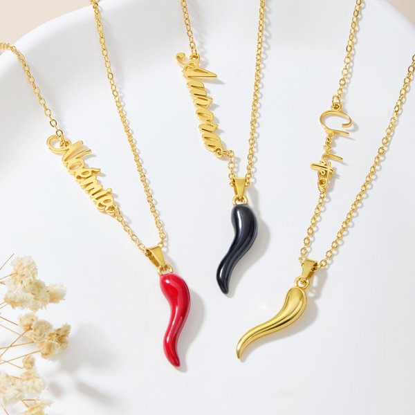 Personalised Italian Cornicello Lucky Horn Charm Chili Pepper Necklace with Name Dainty Jewellery Anniversary Birthday Gift for Women Italian