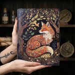 Personalized Forest Fox Witchy Grimoire PU Leather Journal Notebook Card Pack Pen Set with Lock Text and 300 Kraft Pages Birthday Gift for Girls Women