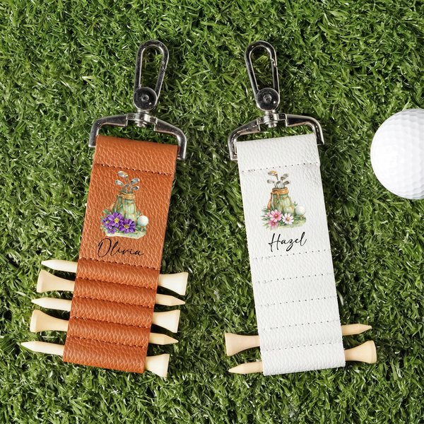 Personalized Watercolor Birth Flower PU Leather Golf Tee Holder Bag Tag with Name Daily Use Birthday Gift for Golf Lover