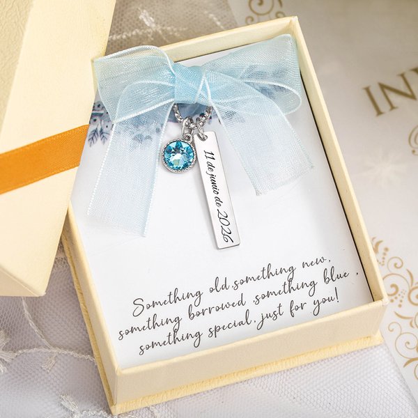 Colgante de ramo de novia personalizado de cristal azul con grabado lazo y tarjeta algo azul regalo de boda para novia