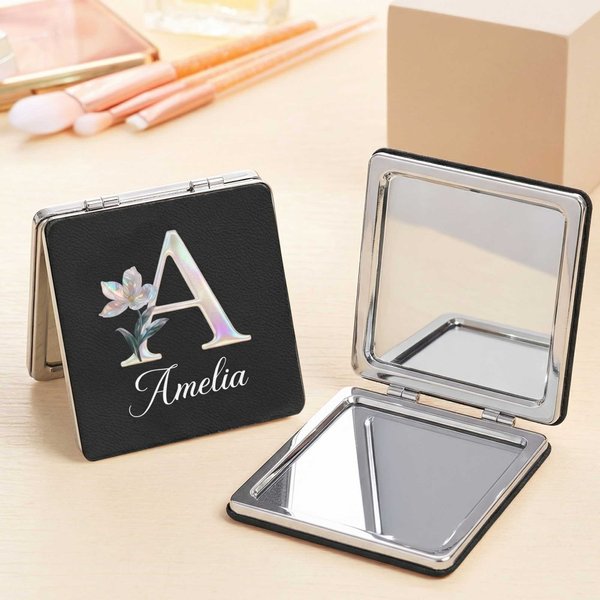 Personalized Pearl Effect Birth Flower Anti‑Fingerprint Shell Double-Sided 1X 2X Makeup Pocket Mirror with Name Birthday Travel Gift for Women
