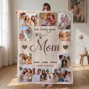 Personalized Soft Flannel Throw Blanket with 10 Family Photos, Custom 1-8 Names, Heartfelt Gift for Mom Grandma Dad