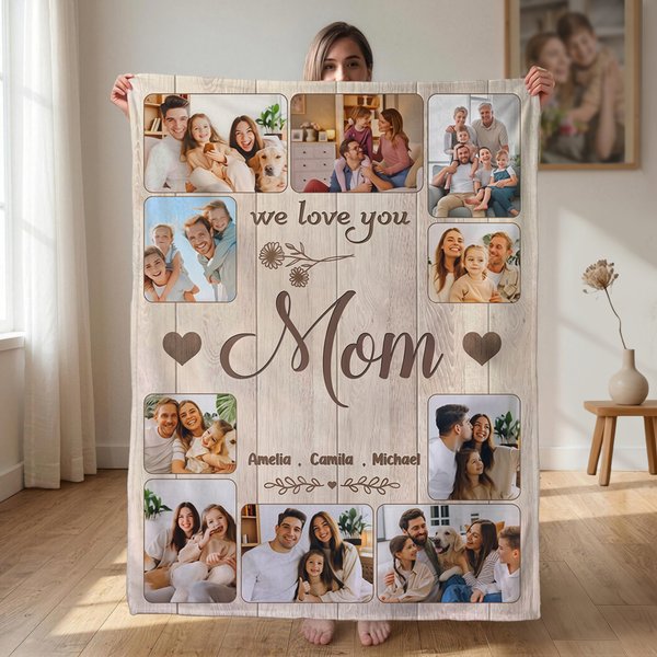 Personalized Soft Flannel Throw Blanket with 10 Family Photos, Custom 1-8 Names, Heartfelt Gift for Mom Grandma Dad