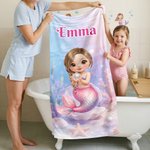 Toalla de playa personalizada de microfibra con nombre y diseño de sirena de dibujos animados secado rápido regalo de cumpleaños para niñas