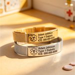 Personalised Adjustable Emergency Medical Alert ID Mesh Band Bracelet with Engraved Text Birthday Gift for Diabetes Allergy Autism Epilepsy