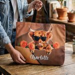 Personalised Highland Cow Birth Flower Large Capacity Tote Bag with Name Daily Use Birthday Gift for Highland Cow Lovers Cowgirls