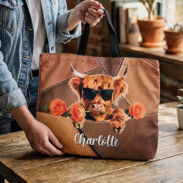 Personalizzato Highland Cow Fiore di nascita Grande capacità Tote Bag con nome Uso quotidiano Regalo di compleanno per gli amanti delle mucche Highland Cowgirls