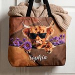Personalised Highland Cow Birth Flower Large Capacity Tote Bag with Name Daily Use Birthday Gift for Highland Cow Lovers Cowgirls