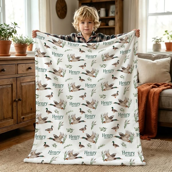 Personalized Watercolor Mallard Duck Pattern Soft Throw Blanket with Name Room Decor Baby Shower Birthday Gift for New Parents Kids