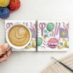 Personalized Yarn Crochet Hook Scissors Knitted Pattern Ceramic Mug with Coaster and Name Birthday Mother's Day Gift for Grandma Knitting Lover