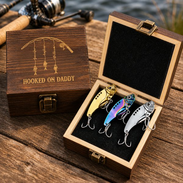 Personalized Fishing Pattern Wood Storage Box Set with Lifelike Fish Hooks and Name Birthday Father's Day Gift for Dad Husband Fishing Lover
