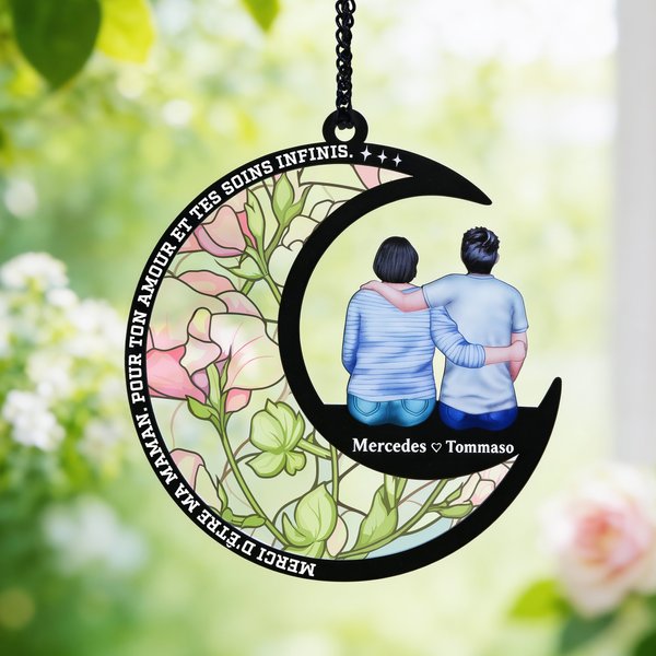 Capteur de soleil en forme de lune personnalisé avec fleur de naissance et personnages de dessin animé - Cadeau de la fête des Mères pour les femmes