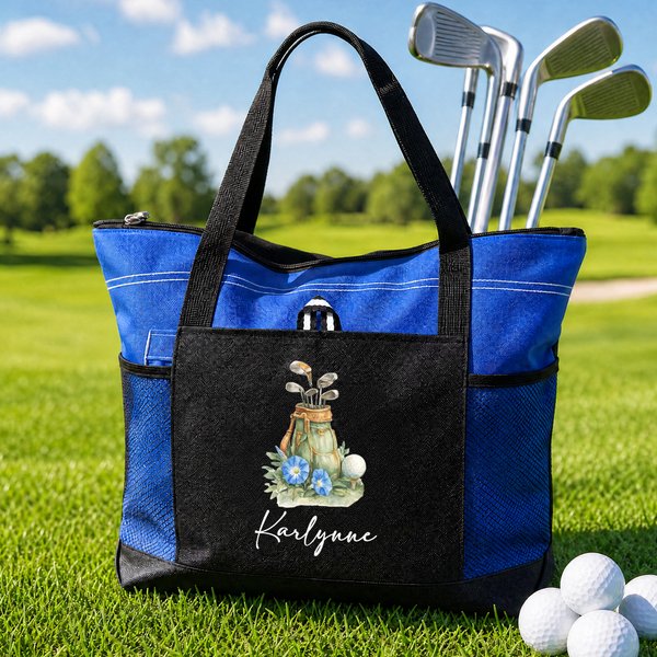 Gepersonaliseerde Watercolor Golf Elementen Geboortebloem Grote Capaciteit Tote Bag met Naam en Mesh Pockets Golf Club Verjaardagscadeau voor Golfliefhebbers Vrouwen