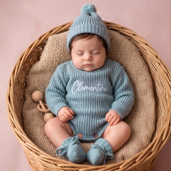 Personalisierte Multicolor gestrickt 100% Baumwolle weiches Baby Bodysuit Hut Booties Set mit gestickten Namen Coming Home Outfit Geburtstagsgeschenk für Baby Newborn