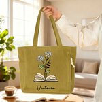 Personalized Book Birth Flower Large Capacity Corduroy Tote Bag with Name Birthday Gift for Book Lovers Women