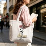 Personalized Book Birth Flower Large Capacity Corduroy Tote Bag with Name Birthday Gift for Book Lovers Women