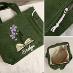 Personalized Book Birth Flower Large Capacity Corduroy Tote Bag with Name Birthday Gift for Book Lovers Women
