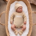Ensemble bodys et chaussons pour bébé en tricot 100% coton doux avec nom brodé Coming Home Outfit Birthday Gift for Baby Newborn