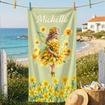 Personalised Birth Flower Fairy Quick Dry Oversized Beach Towel with Name Beach Party Summer Holiday Gift for Kids Women