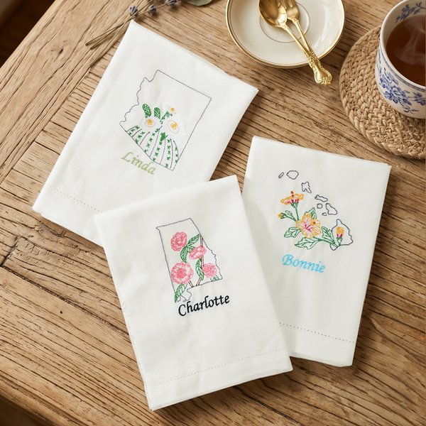 Personalized Embroidered Multicolor US State Flower Linen Napkin with Name Table Decoration Travel Birthday Gift for Family Friends