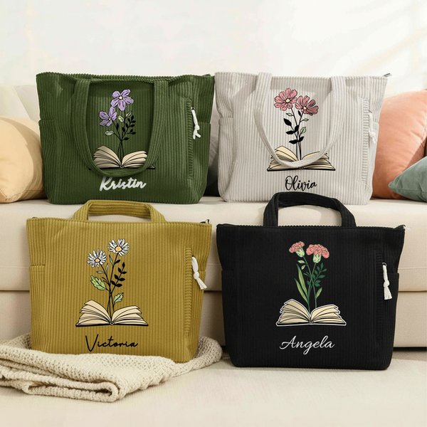 Personalized Book Birth Flower Large Capacity Corduroy Tote Bag with Name Birthday Gift for Book Lovers Women