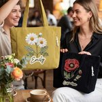 Personalised Applique Patch Style Birth Flower Name Large Capacity Corduroy Tote Bag Daily Use Birthday Travel Graduation Gift for Her