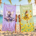 Personalised Birth Flower Fairy Quick Dry Oversized Beach Towel with Name Beach Party Summer Holiday Gift for Kids Women