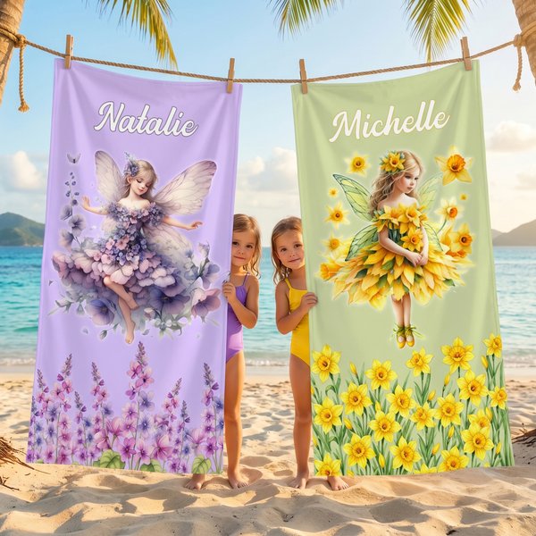 Personalised Birth Flower Fairy Quick Dry Oversized Beach Towel with Name Beach Party Summer Holiday Gift for Kids Women