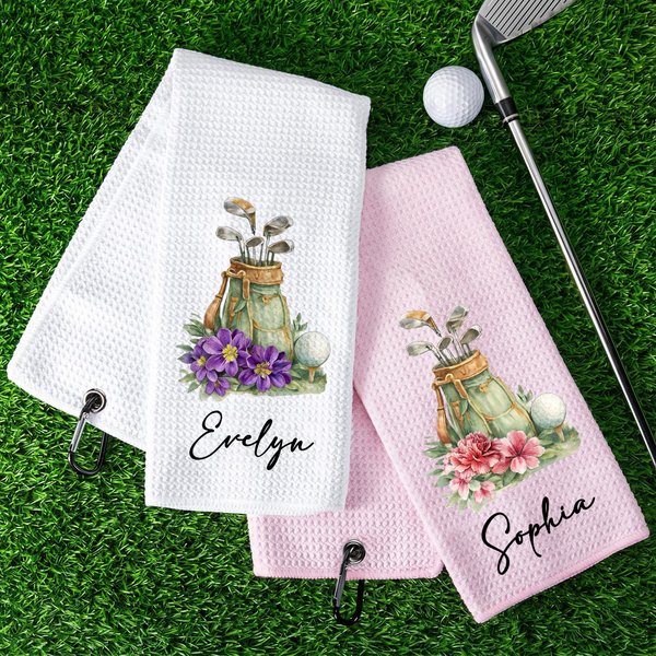 Gepersonaliseerde Golf Geboortebloem Klassieke Sneldrogende Wafel Golfhanddoek met Naam en Karabijnhaak Clip Sport Team Verjaardagscadeau voor Golfspeler Liefhebster Vrouw
