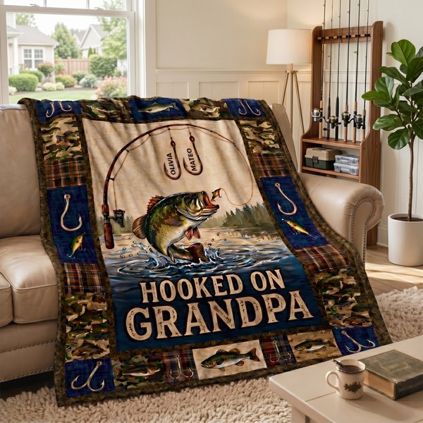 Personalized Retro Hooked on Grandpa Soft Throw Blanket Home Decor Father's Day Birthday Gift for Grandpa