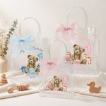 Personalised Teddy Bear Themed Transparent Gift Bag with Name Year Bow Ribbon and Card Birthday Party Decor 1st Birthday Baby Shower Gift for Baby
