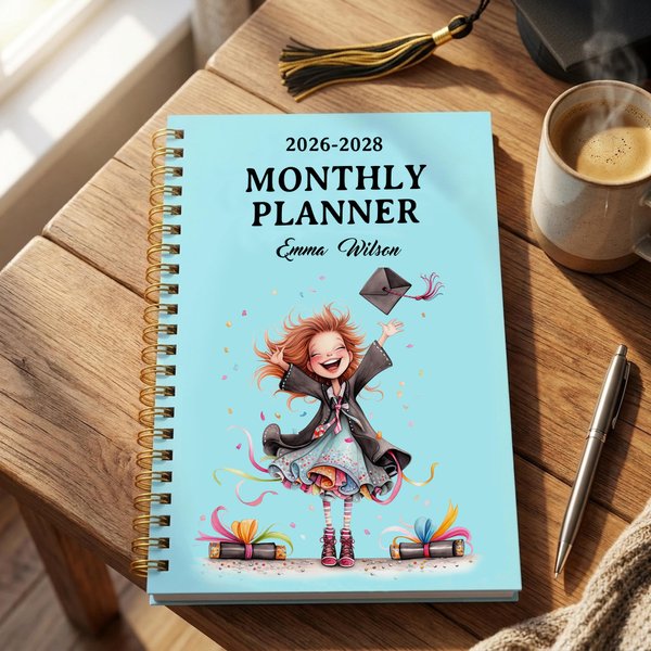 Personalized Cartoon Graduate Girl 2026-2028 Planner Spiral A5 Notebook with Year and Name Graduation Birthday Gift for Graduates