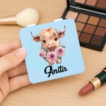 Personalised Birth Flower Highland Cow Compact Heart Round Square Makeup Mirror with Name Birthday Anniversary Gift for Women