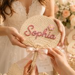 Personalized Flower Natural Woven Palm Leaf Hand Fan with Name Daily Use Birthday Wedding Gift for Bridesmaid Friend