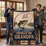 Personalized Retro Hooked on Grandpa Soft Throw Blanket Home Decor Father's Day Birthday Gift for Grandpa
