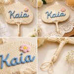 Personalized Flower Natural Woven Palm Leaf Hand Fan with Name Daily Use Birthday Wedding Gift for Bridesmaid Friend