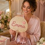 Personalized Flower Natural Woven Palm Leaf Hand Fan with Name Daily Use Birthday Wedding Gift for Bridesmaid Friend