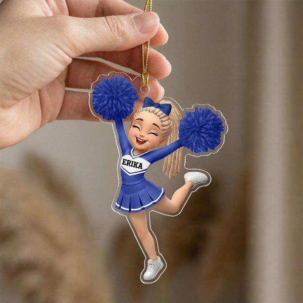 Gepersonaliseerde Cartoon Cheerleader Girl Pom-Pom Acryl Ornament met naam Cheer Team Game Day Gift voor Cheerleader
