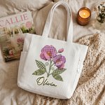 Personalised Applique Patch Style Birth Flower Name Large Capacity Corduroy Tote Bag Daily Use Birthday Travel Graduation Gift for Her