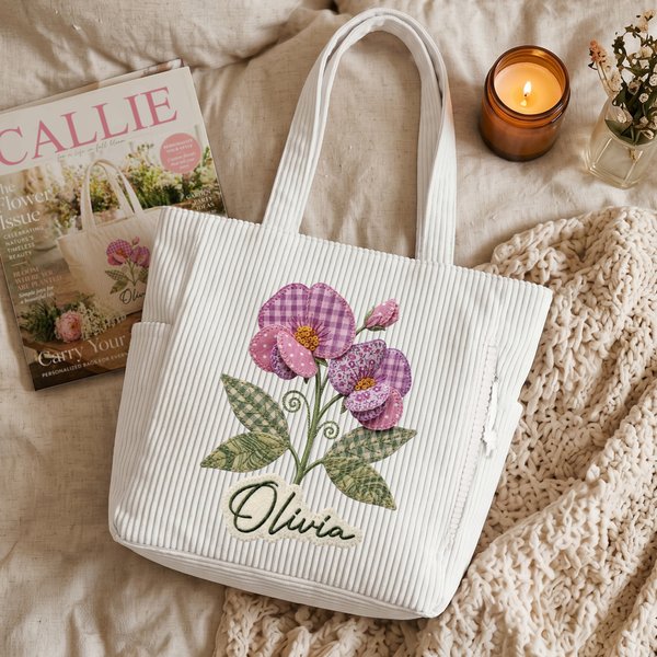 Personalised Applique Patch Style Birth Flower Name Large Capacity Corduroy Tote Bag Daily Use Birthday Travel Graduation Gift for Her