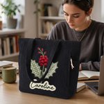 Personalised Applique Patch Style Birth Flower Name Large Capacity Corduroy Tote Bag Daily Use Birthday Travel Graduation Gift for Her