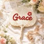 Personalized Flower Natural Woven Palm Leaf Hand Fan with Name Daily Use Birthday Wedding Gift for Bridesmaid Friend
